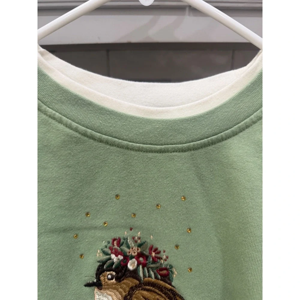 Bua Bua Women Sage Green Embroidered Bird Floral‎ Crown Sweatshirt Size Large